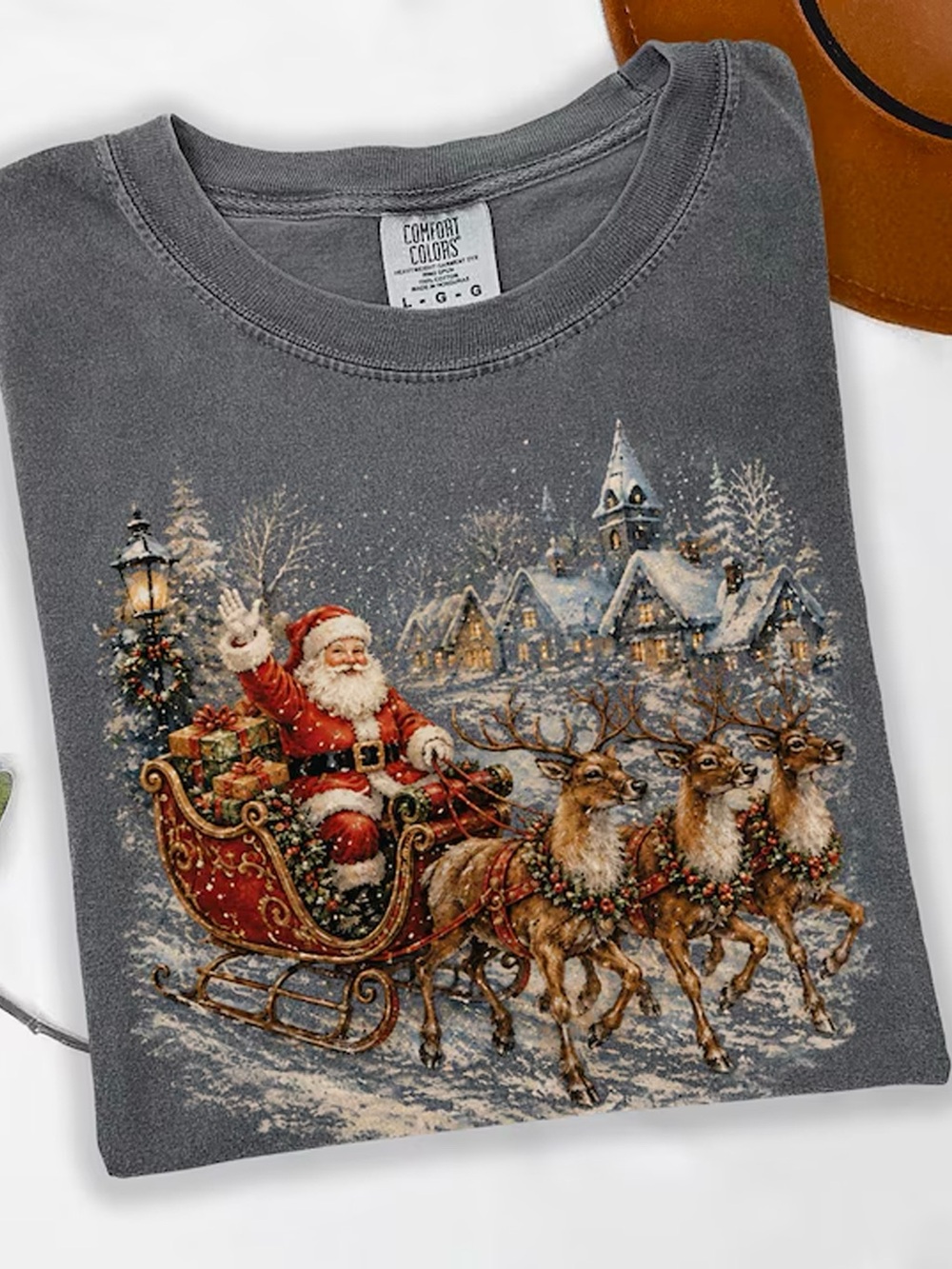 Christmas Santa Reindeer Sleigh Pepper Comfort Colors T-Shirt